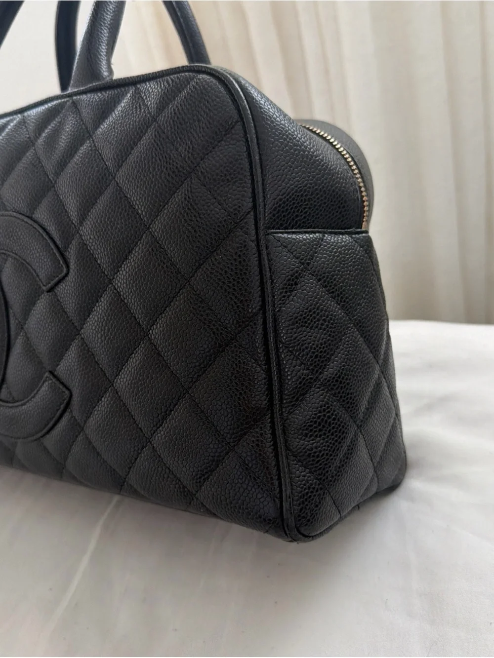 CHANEL Black Bowling Handbag Caviar Leather